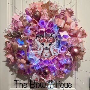 Handmade Pink Winter Floral Reindeer Holiday Ribbon Door Wreath 22 ins W82